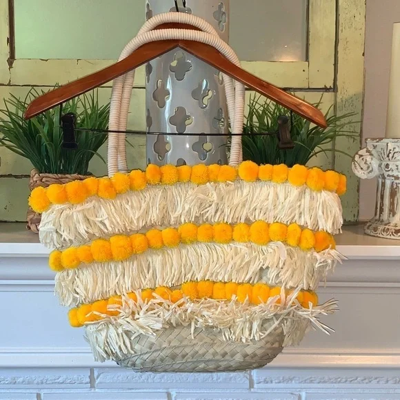 Lulu’s Pom Springs Pom Pom Straw Beach Market Boho Bag NEW - Picture 9 of 9